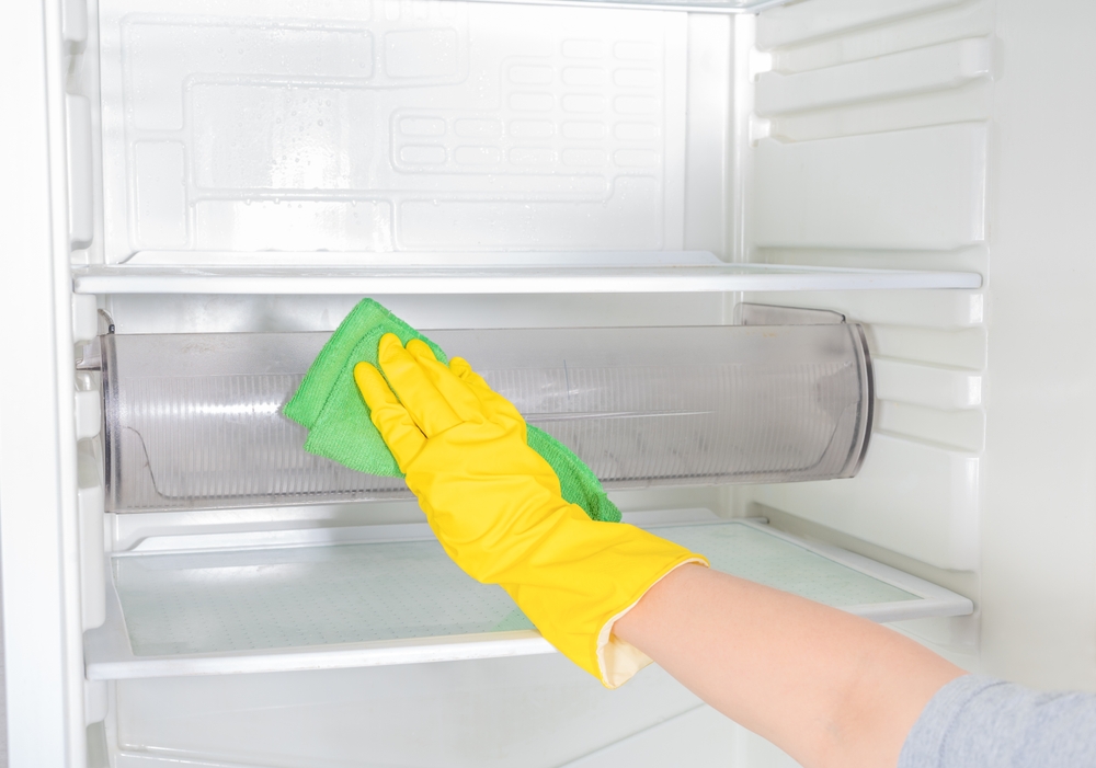 Fridge di pulizia da donna con guanti gialli